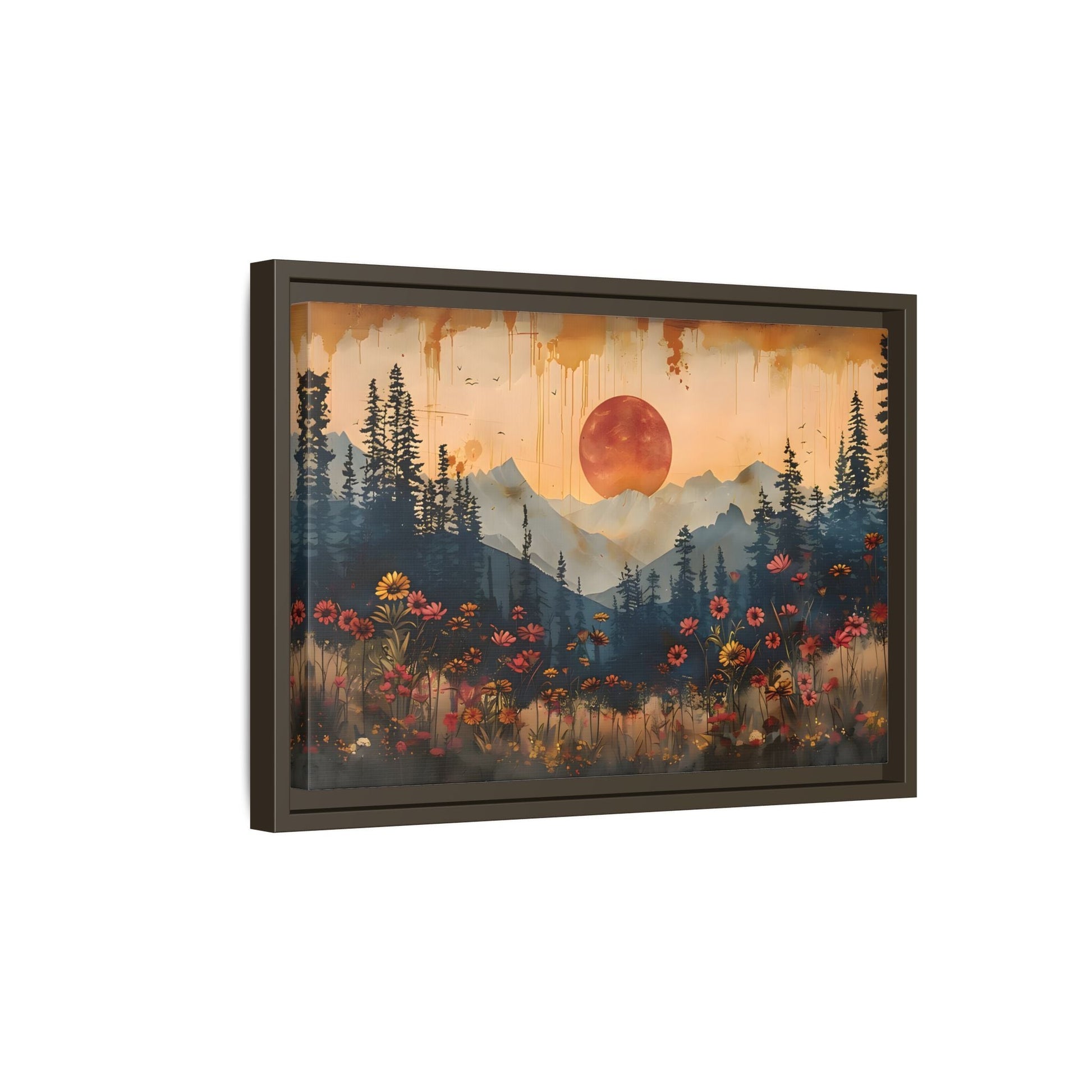 Framed Rustic Moonlit Pine Tree Woodland Canvas, Moon Wildflower Wall Art Print