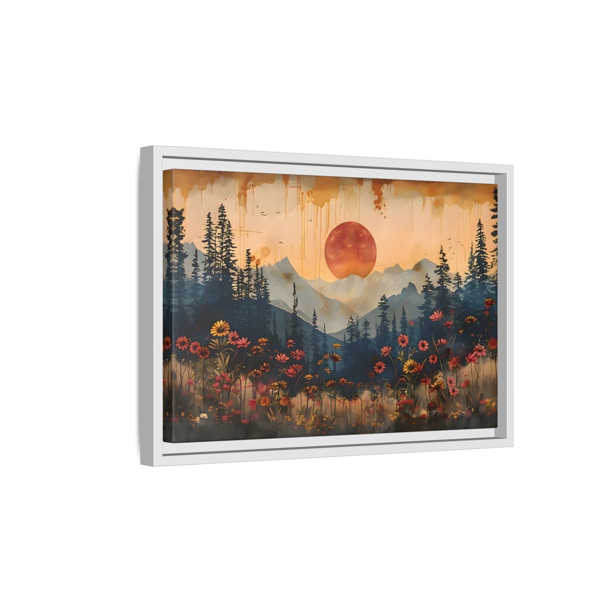 Framed Rustic Moonlit Pine Tree Woodland Canvas, Moon Wildflower Wall Art Print