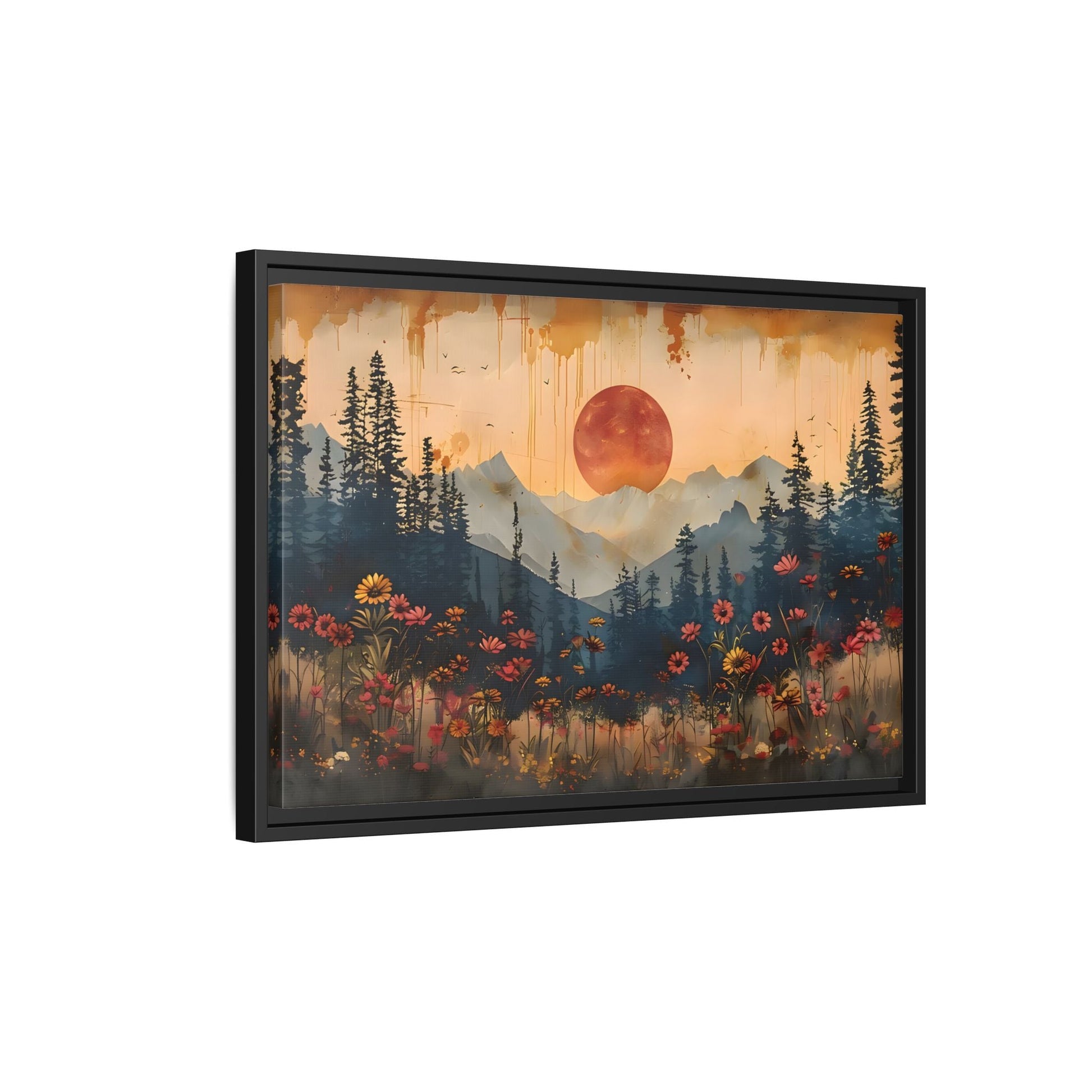 Framed Rustic Moonlit Pine Tree Woodland Canvas, Moon Wildflower Wall Art Print