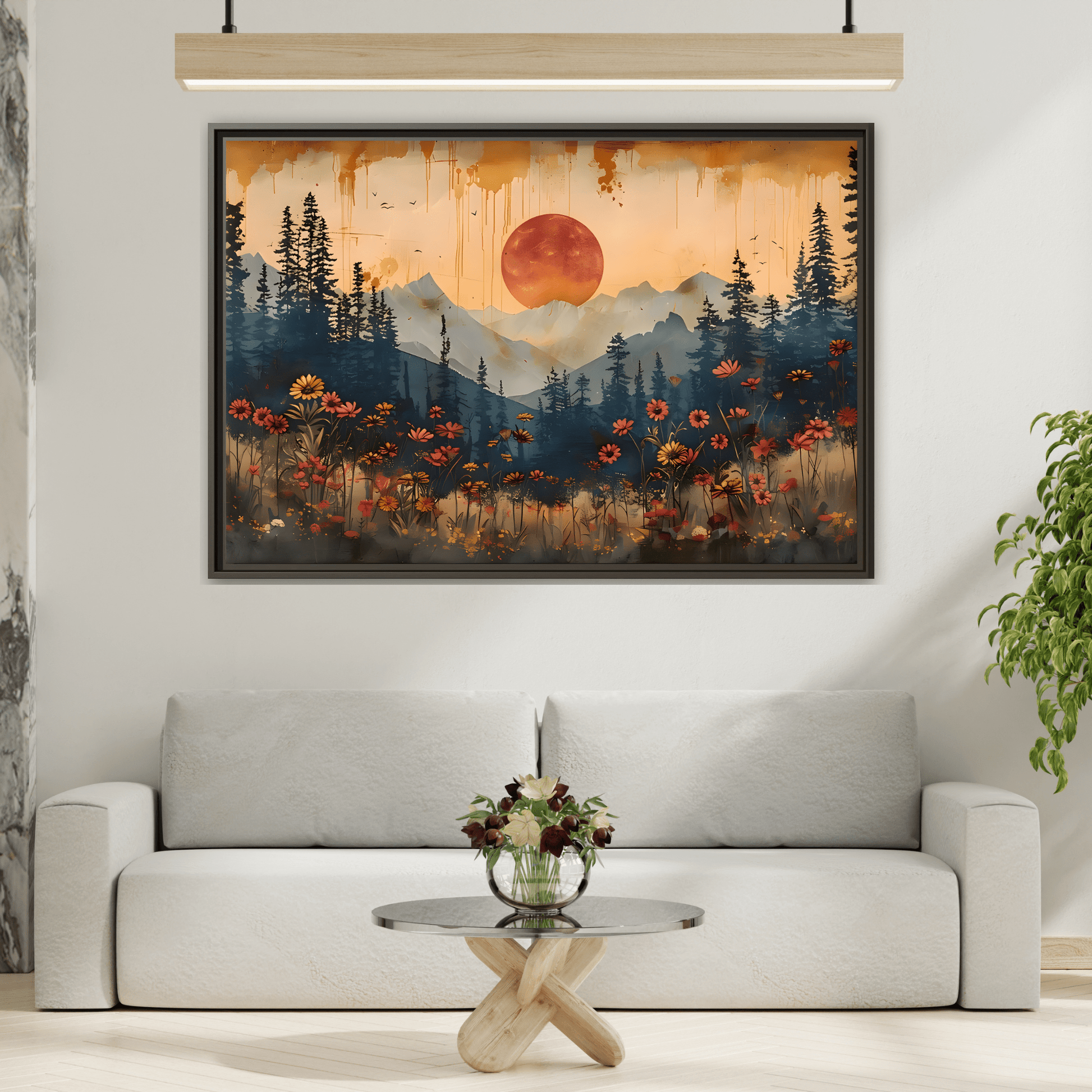 Framed Rustic Moonlit Pine Tree Woodland Canvas, Moon Wildflower Wall Art Print