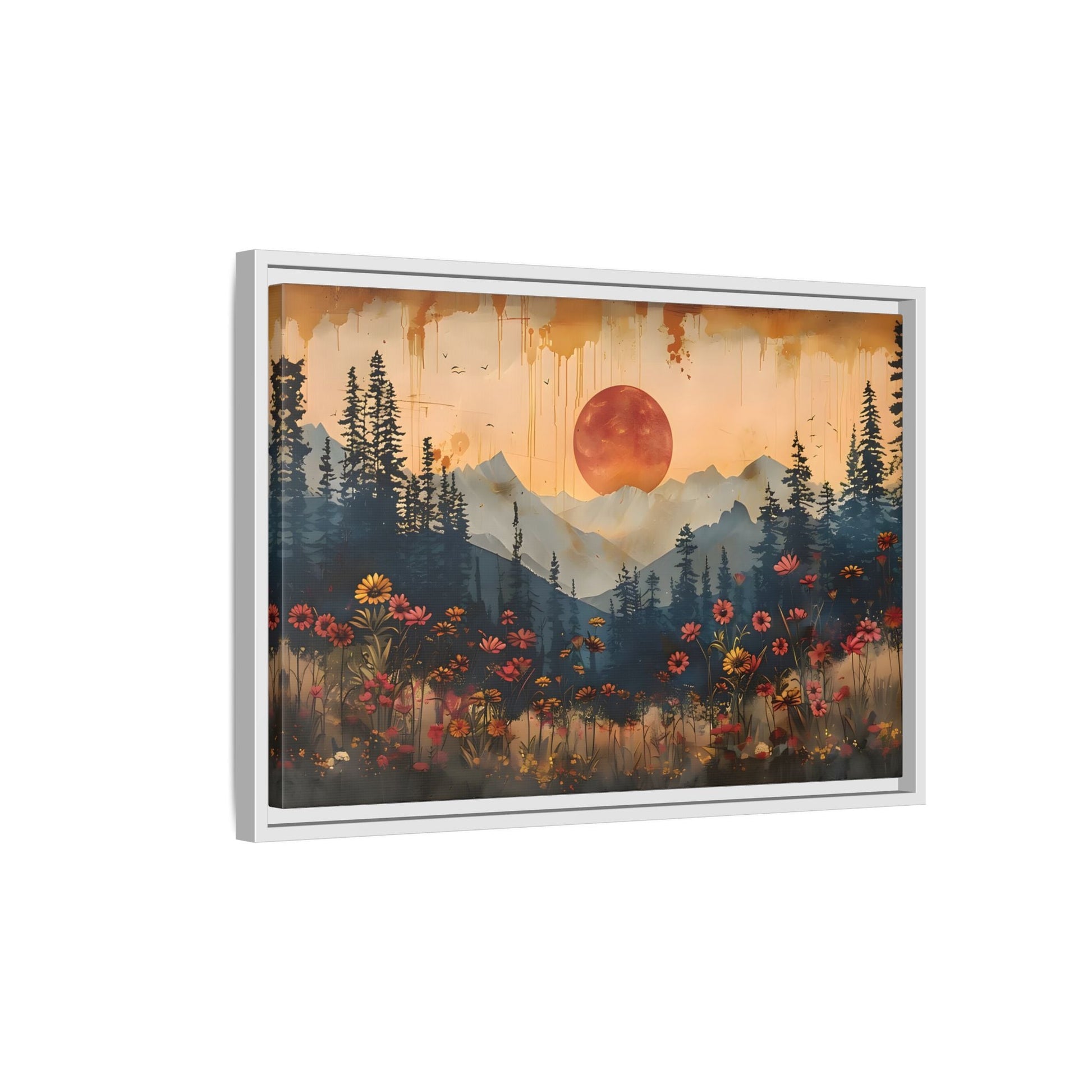 Framed Rustic Moonlit Pine Tree Woodland Canvas, Moon Wildflower Wall Art Print