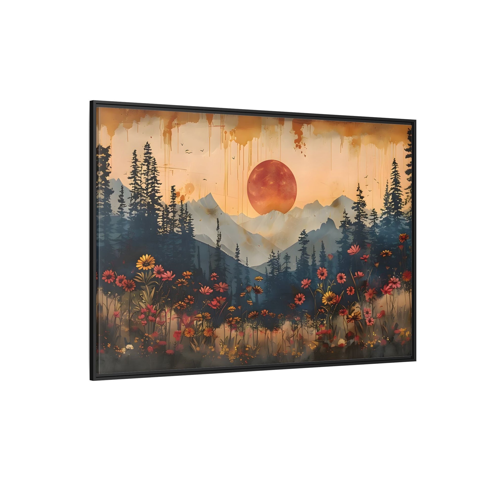 Framed Rustic Moonlit Pine Tree Woodland Canvas, Moon Wildflower Wall Art Print
