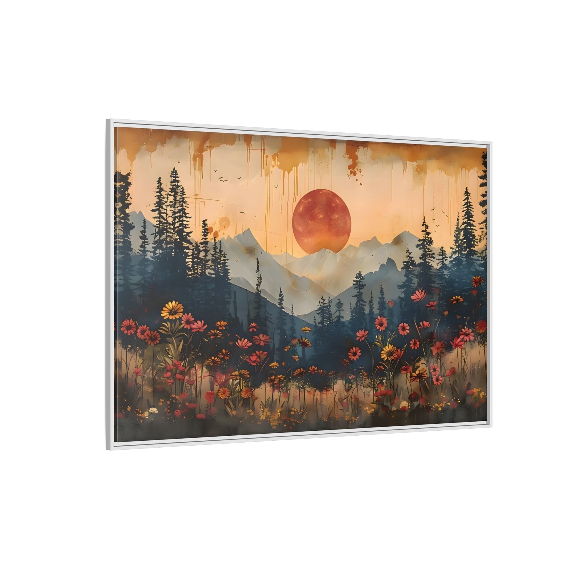 Framed Rustic Moonlit Pine Tree Woodland Canvas, Moon Wildflower Wall Art Print
