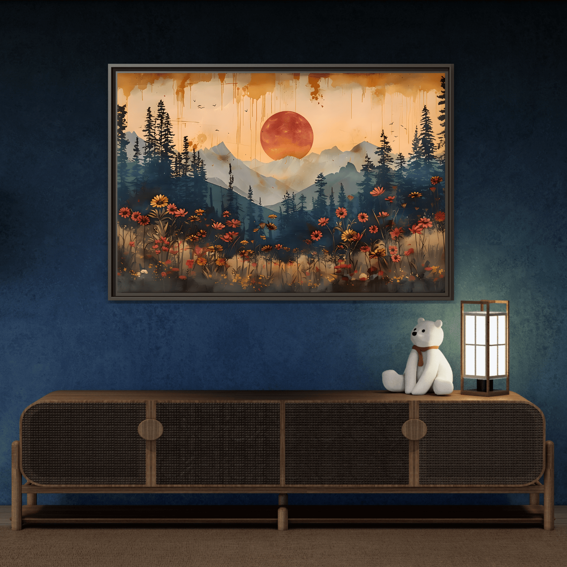 Framed Rustic Moonlit Pine Tree Woodland Canvas, Moon Wildflower Wall Art Print