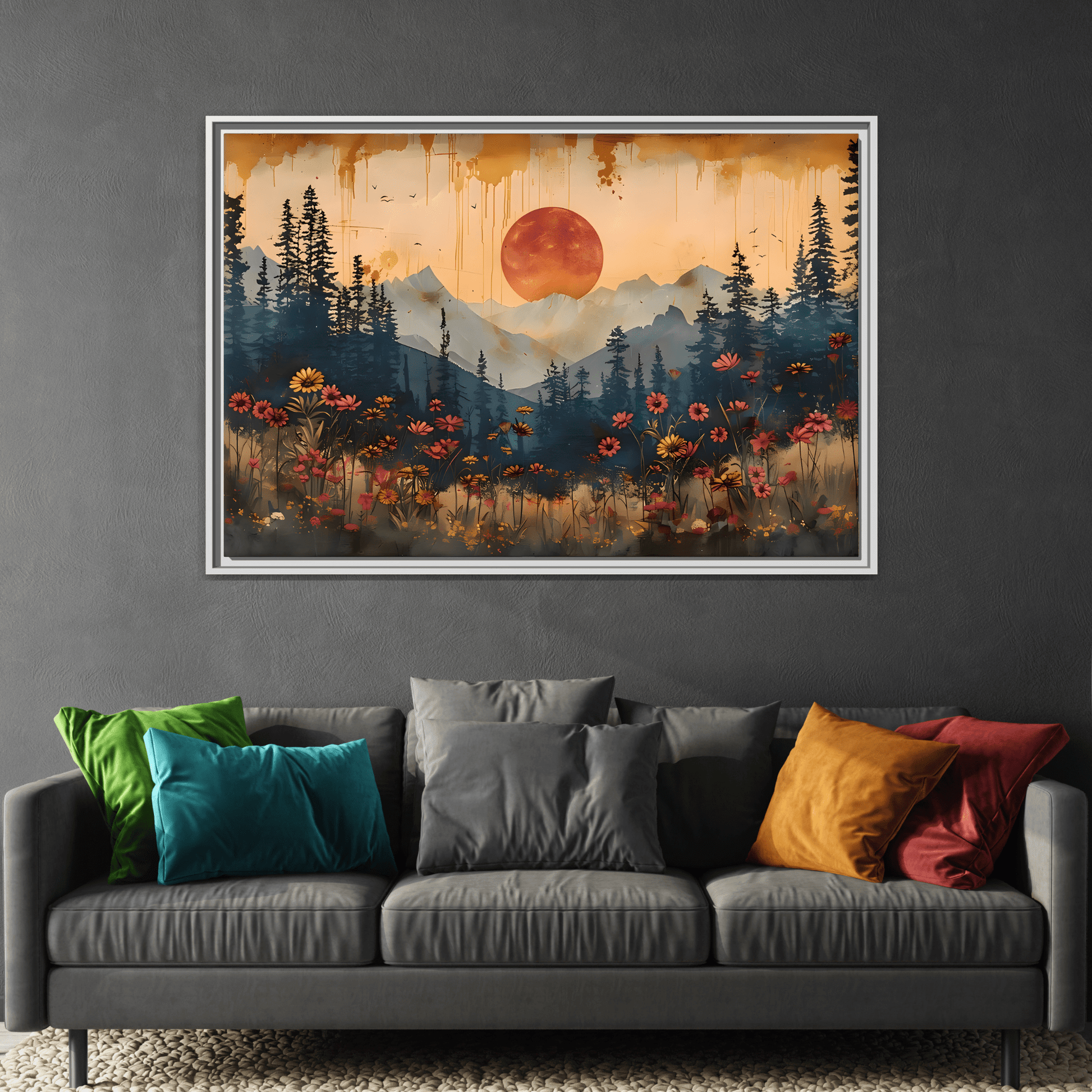 Framed Rustic Moonlit Pine Tree Woodland Canvas, Moon Wildflower Wall Art Print