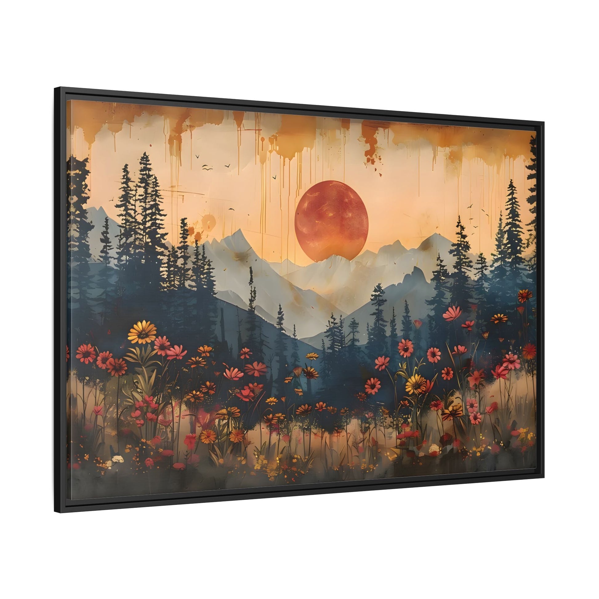 Framed Rustic Moonlit Pine Tree Woodland Canvas, Moon Wildflower Wall Art Print