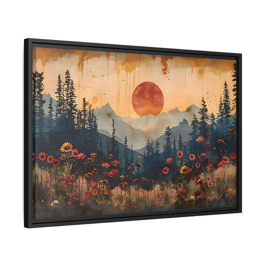 Framed Rustic Moonlit Pine Tree Woodland Canvas, Moon Wildflower Wall Art Print