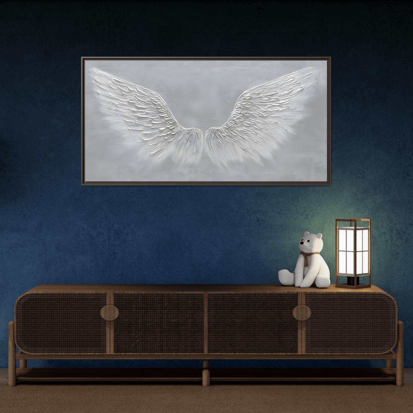 Framed Winged Angel Canvas Art - Large Grey Wall Print
