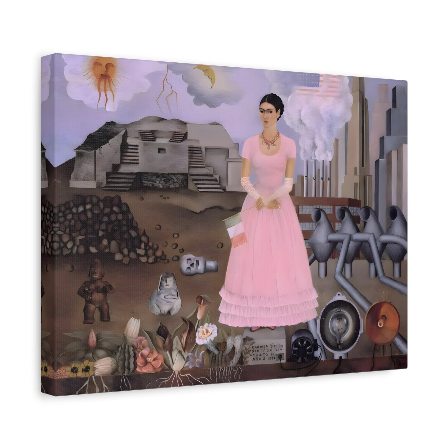 Frida Kahalo Self Portrait Along the Boarder Canvas Print - Framed Artwork Painting Reproduction