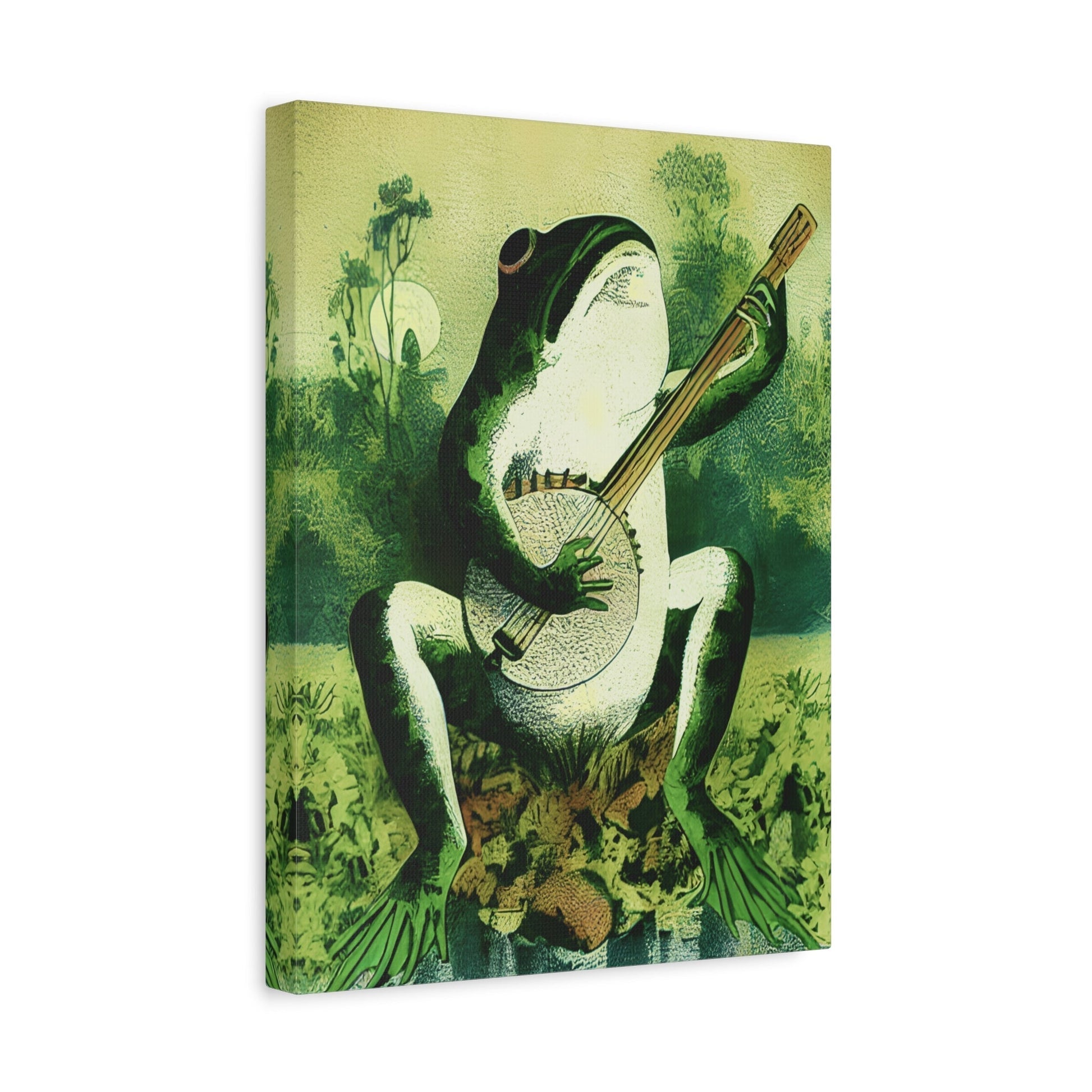 Frog Playing Banjo in The Moonlight - Framed Canvas Wall Art Print