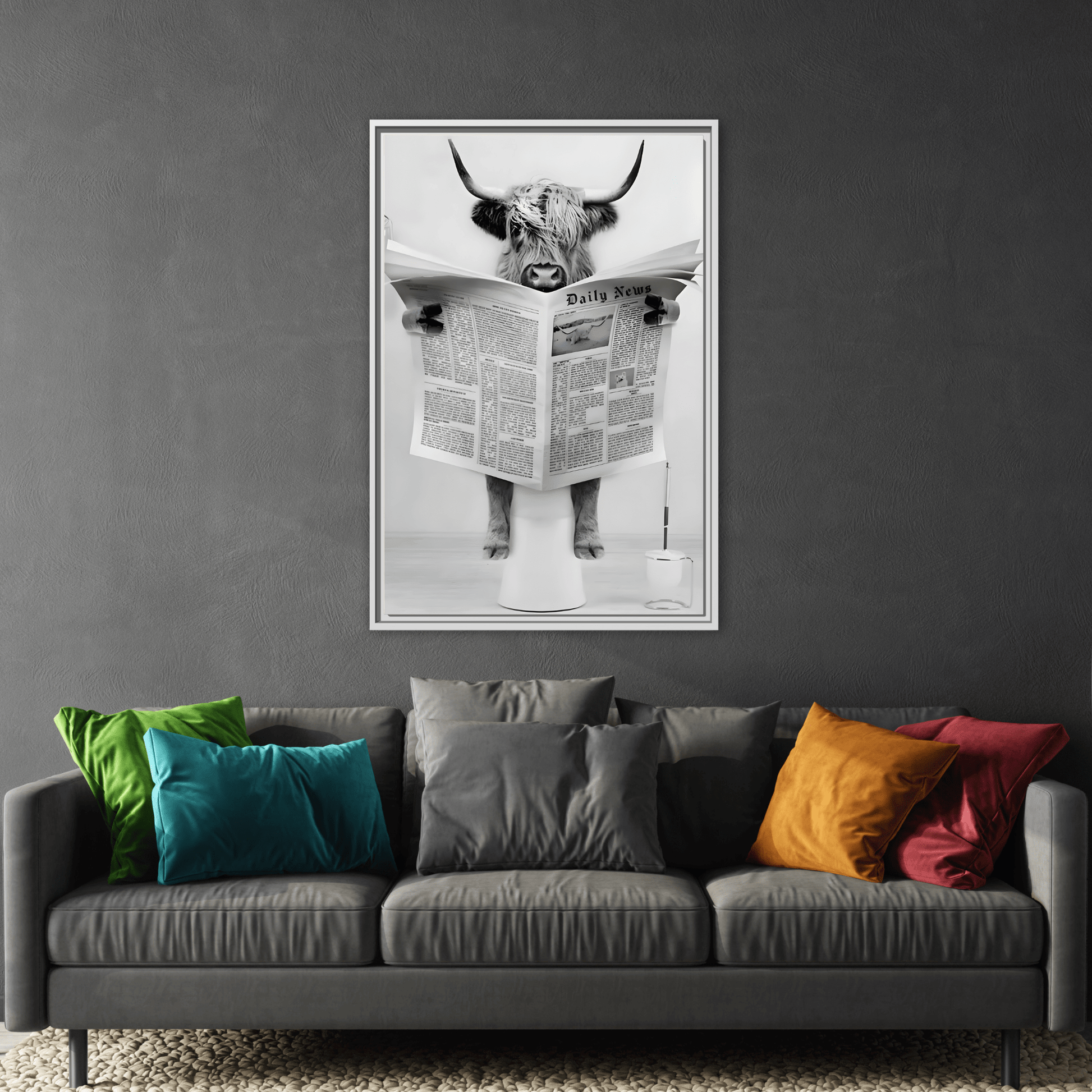Funny Bathroom Bull Framed Large Canvas Wall Art Print