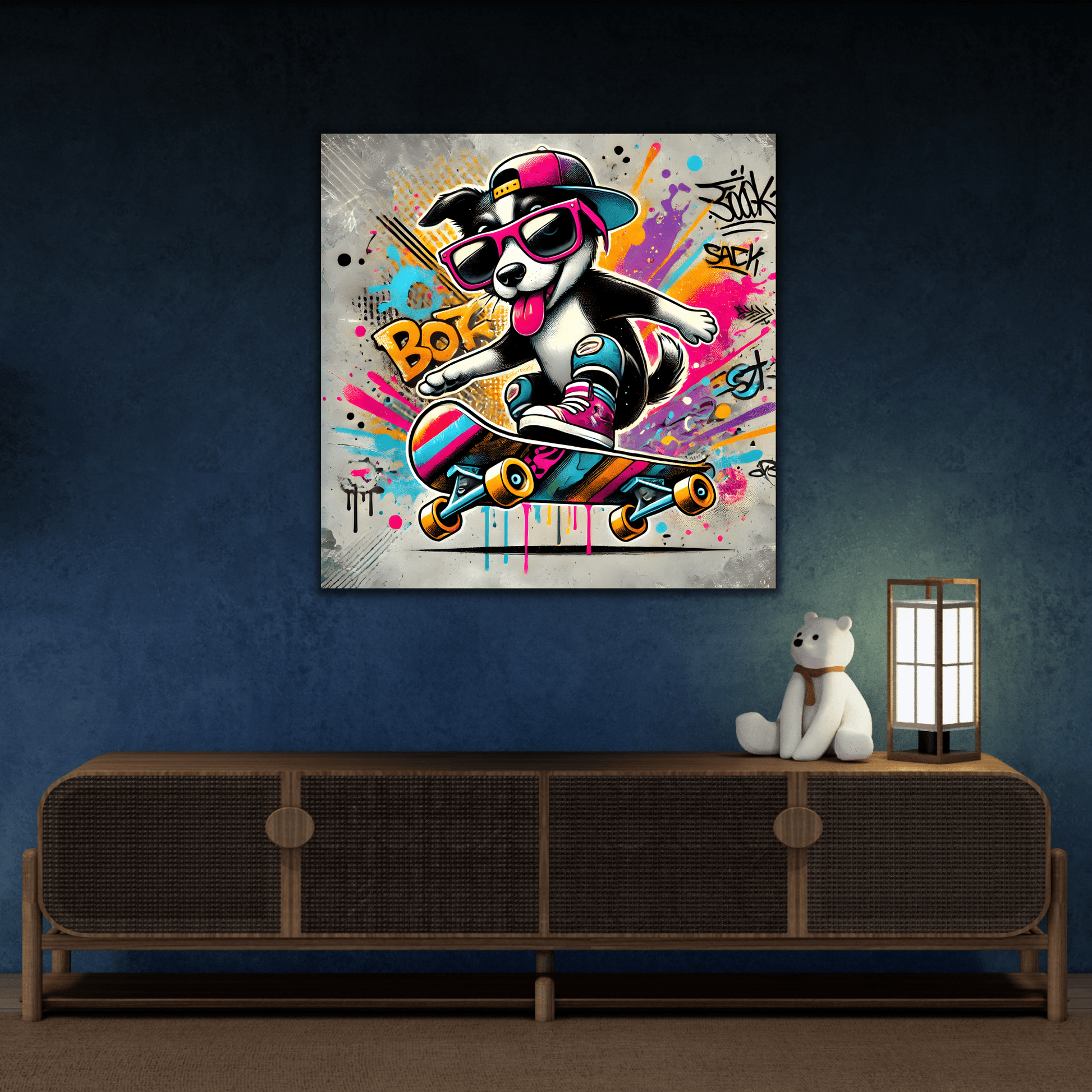 Funny Canvas Wall Art Funky Dog Play Skateboard Graffiti Kids Room Decor Print