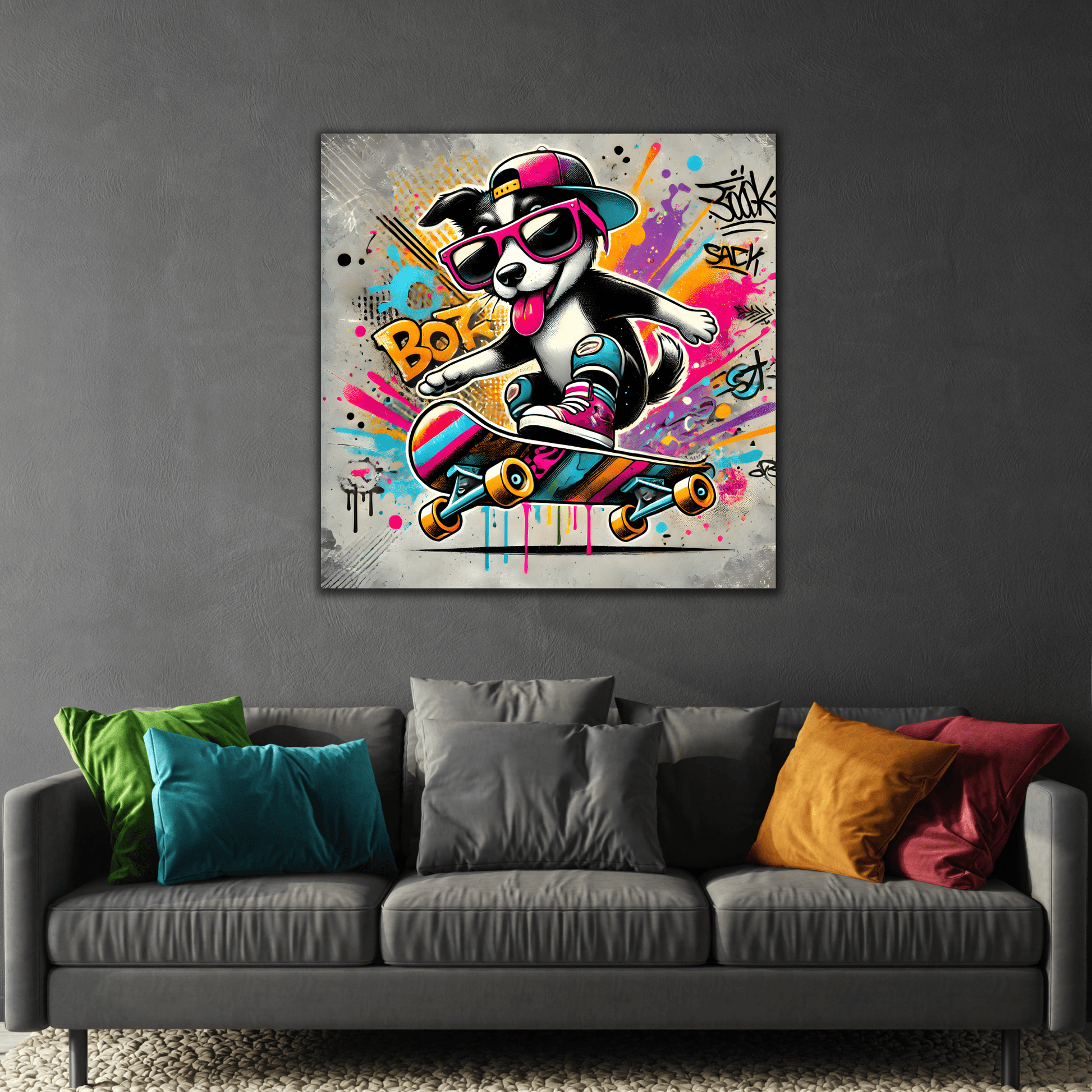 Funny Canvas Wall Art Funky Dog Play Skateboard Graffiti Kids Room Decor Print