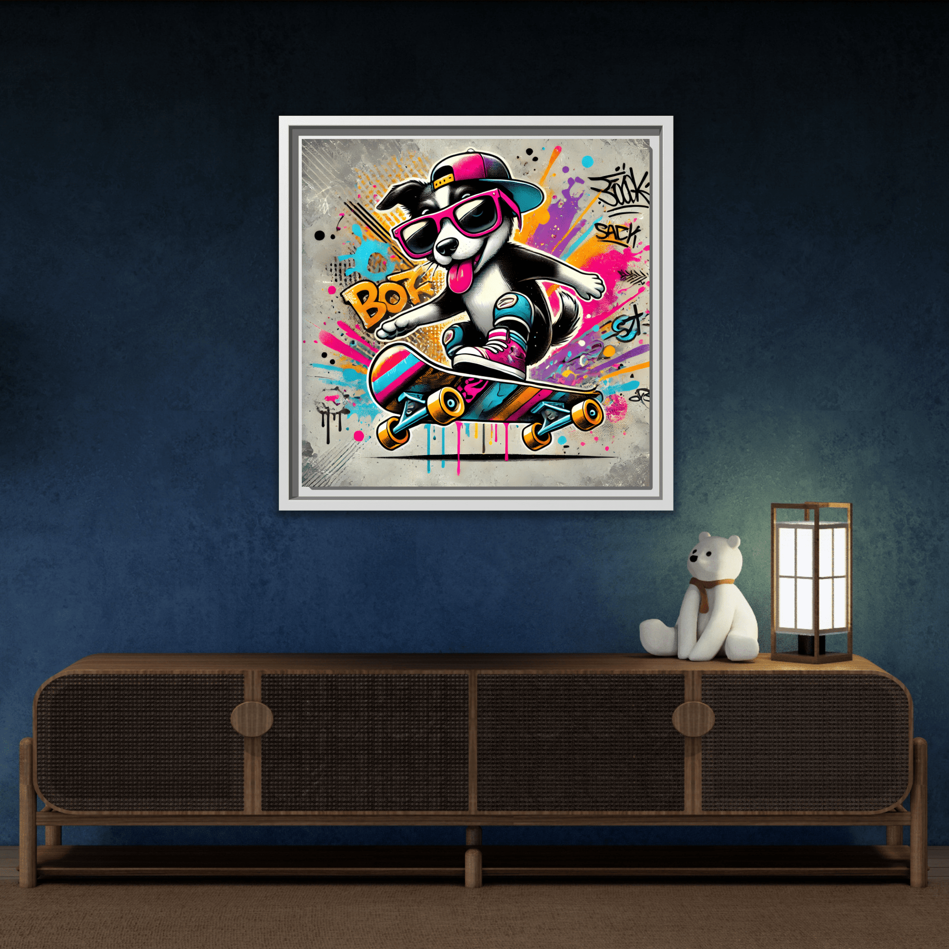Funny Funky Dog Play Skateboard Canvas Wall Art Kids Room Prints