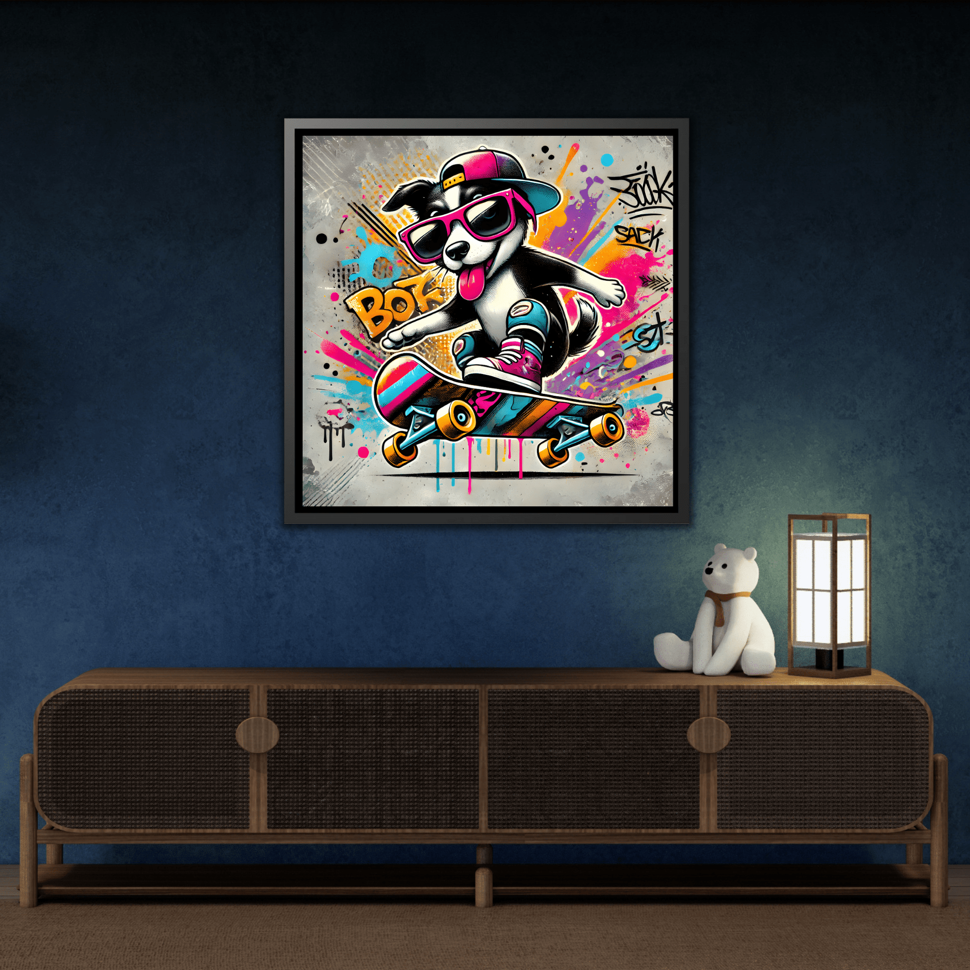 Funny Funky Dog Play Skateboard Canvas Wall Art Kids Room Prints