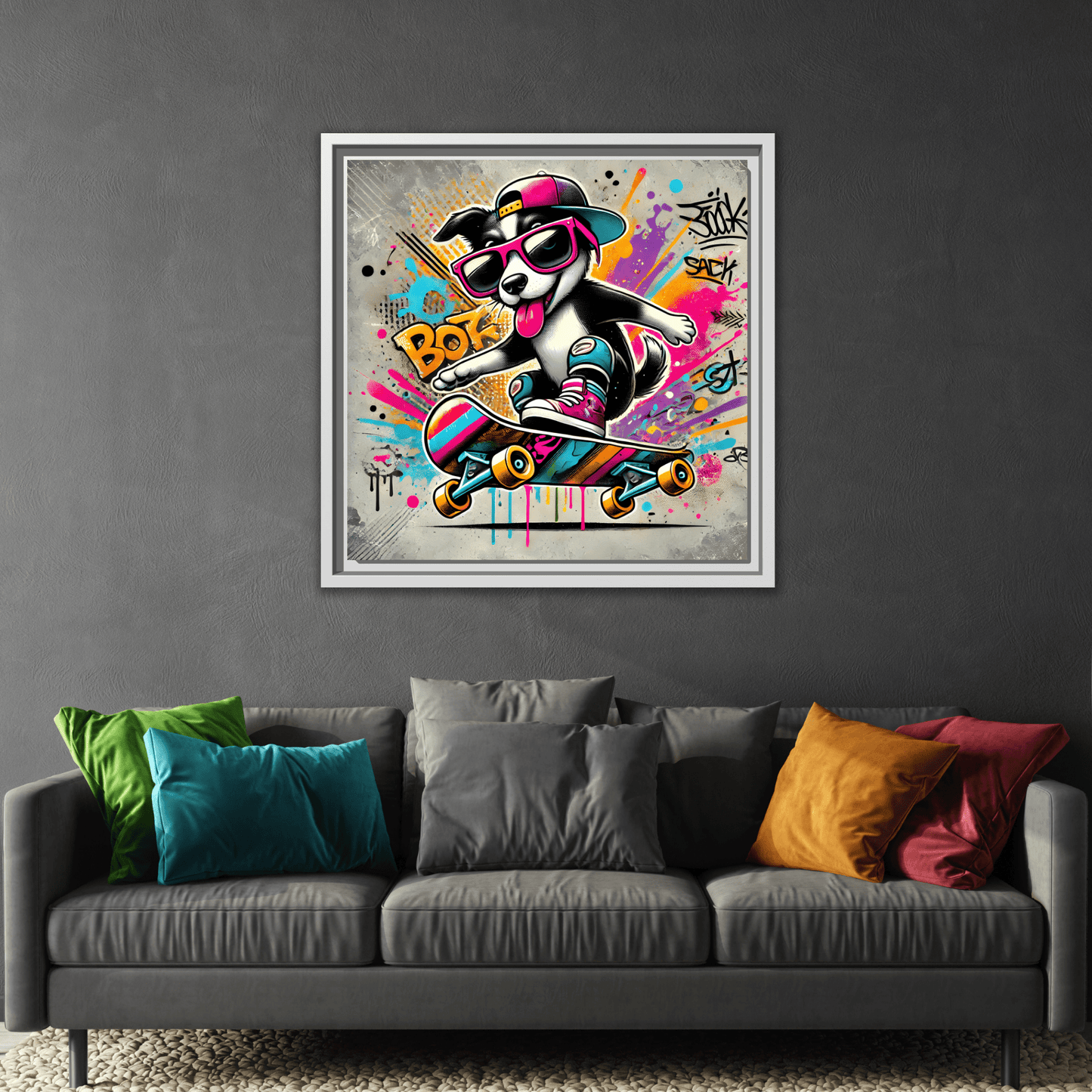 Funny Funky Dog Play Skateboard Canvas Wall Art Kids Room Prints