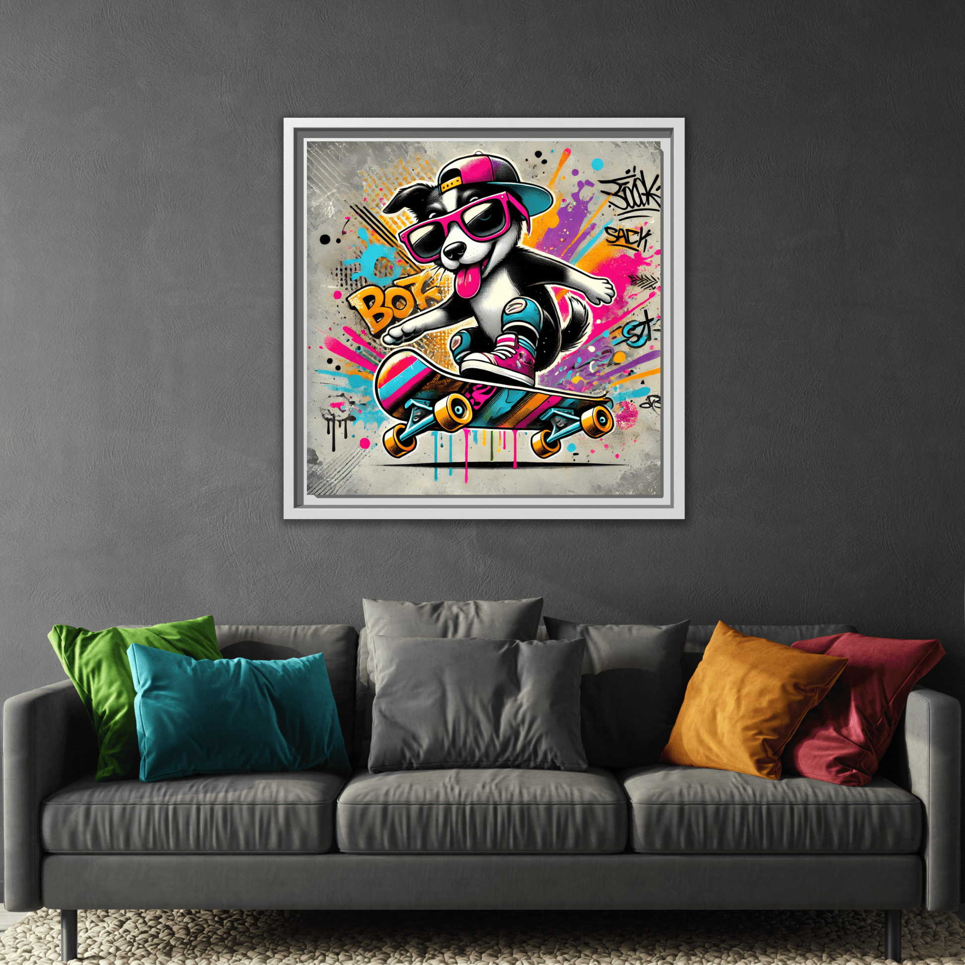 Funny Funky Dog Play Skateboard Canvas Wall Art Kids Room Prints