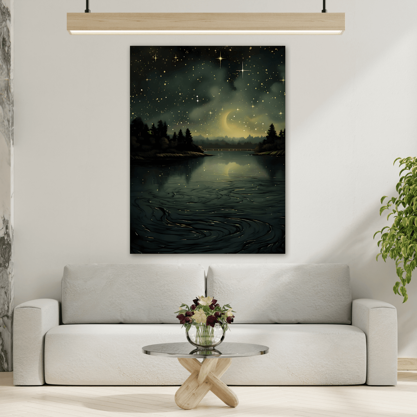 Gothic Dark Green River Canvas Print - Vintage Skies Forest Wall Art