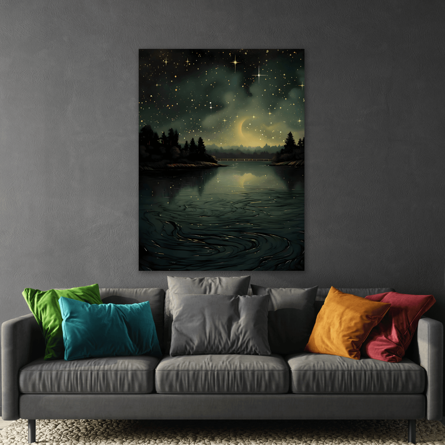 Gothic Dark Green River Canvas Print - Vintage Skies Forest Wall Art