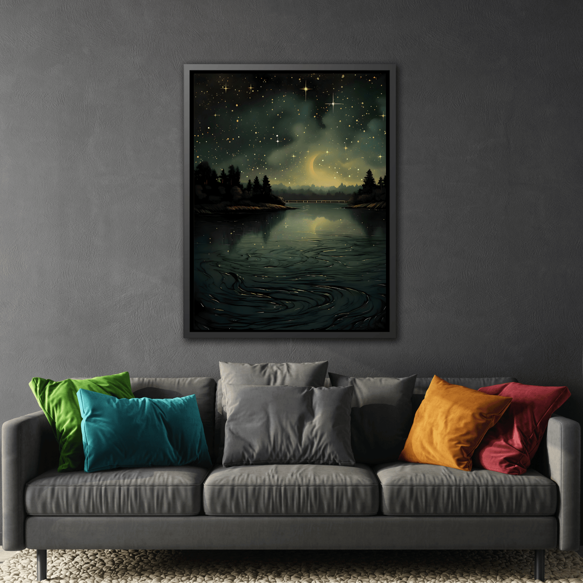 Gothic Dark Green Skies River Framed Wall Art Canvas Prints
