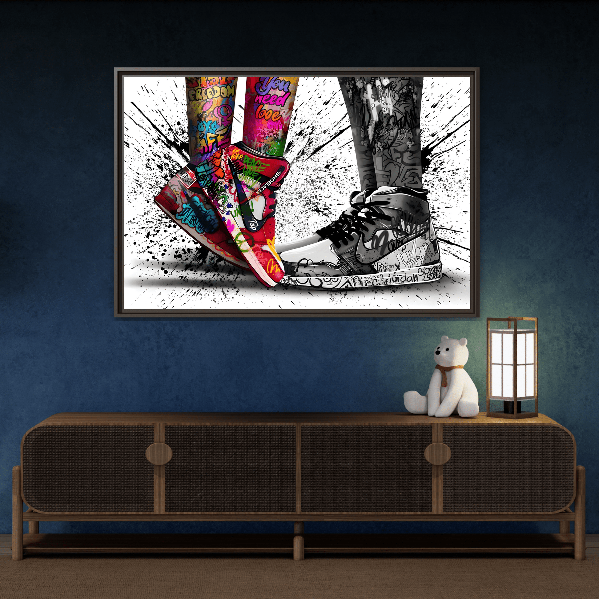 Graffiti Love in Shoes Framed Large Canvas Wall Hanging Art
