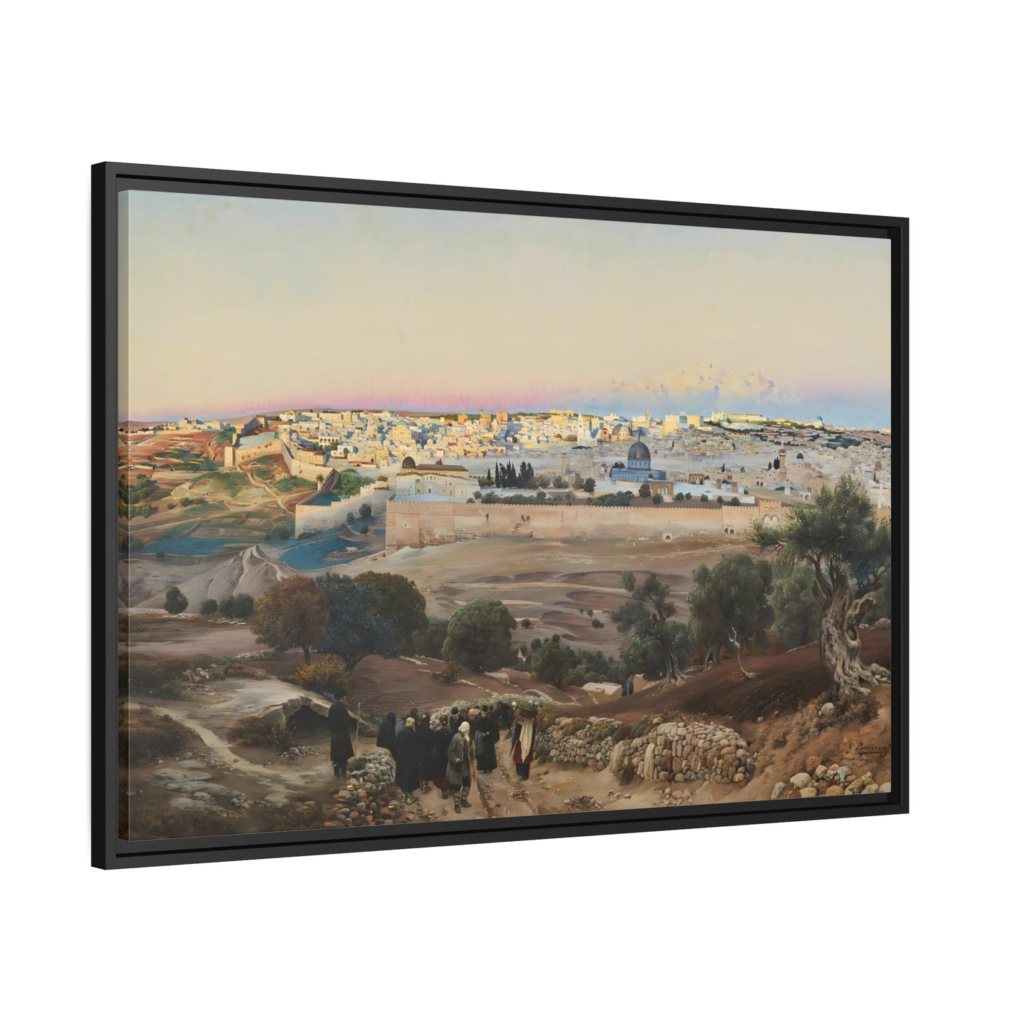 Gustav Bauernfeind Landscape Canvas Wall Art Print - Jerusalem Mount of the Olives at Sunrise Artwork in Black Frame