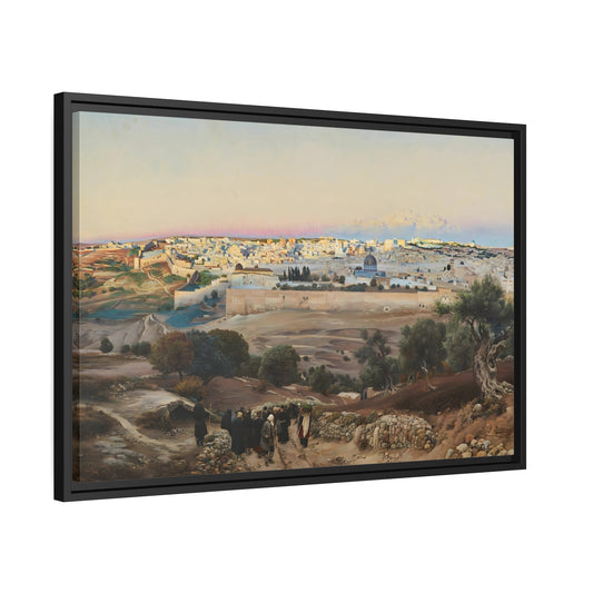 Gustav Bauernfeind Landscape Canvas Wall Art Print - Jerusalem Mount of the Olives at Sunrise Artwork in Black Frame