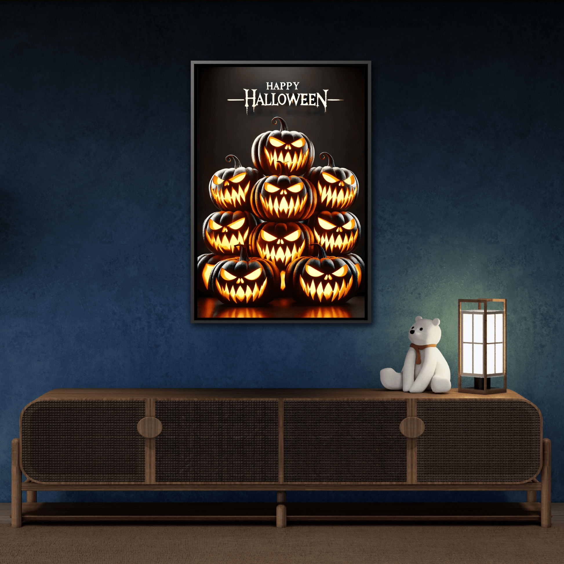 Halloween Pumpkin Wall Art - Framed Spooky Canvas Festive Decor