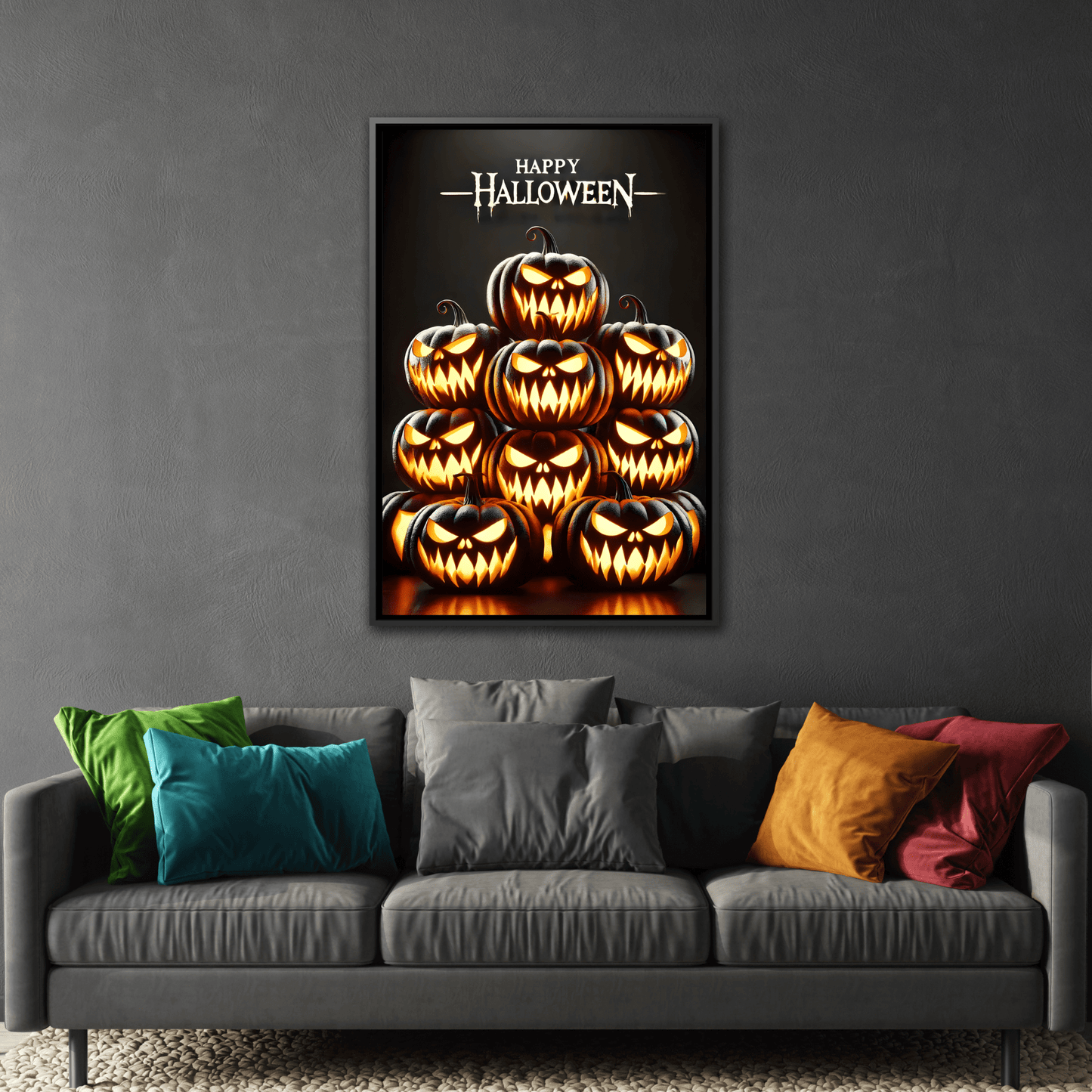 Halloween Pumpkin Wall Art - Framed Spooky Canvas Festive Decor