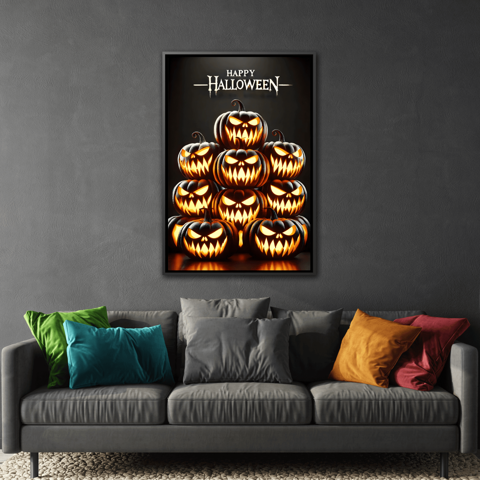 Halloween Pumpkin Wall Art - Framed Spooky Canvas Festive Decor