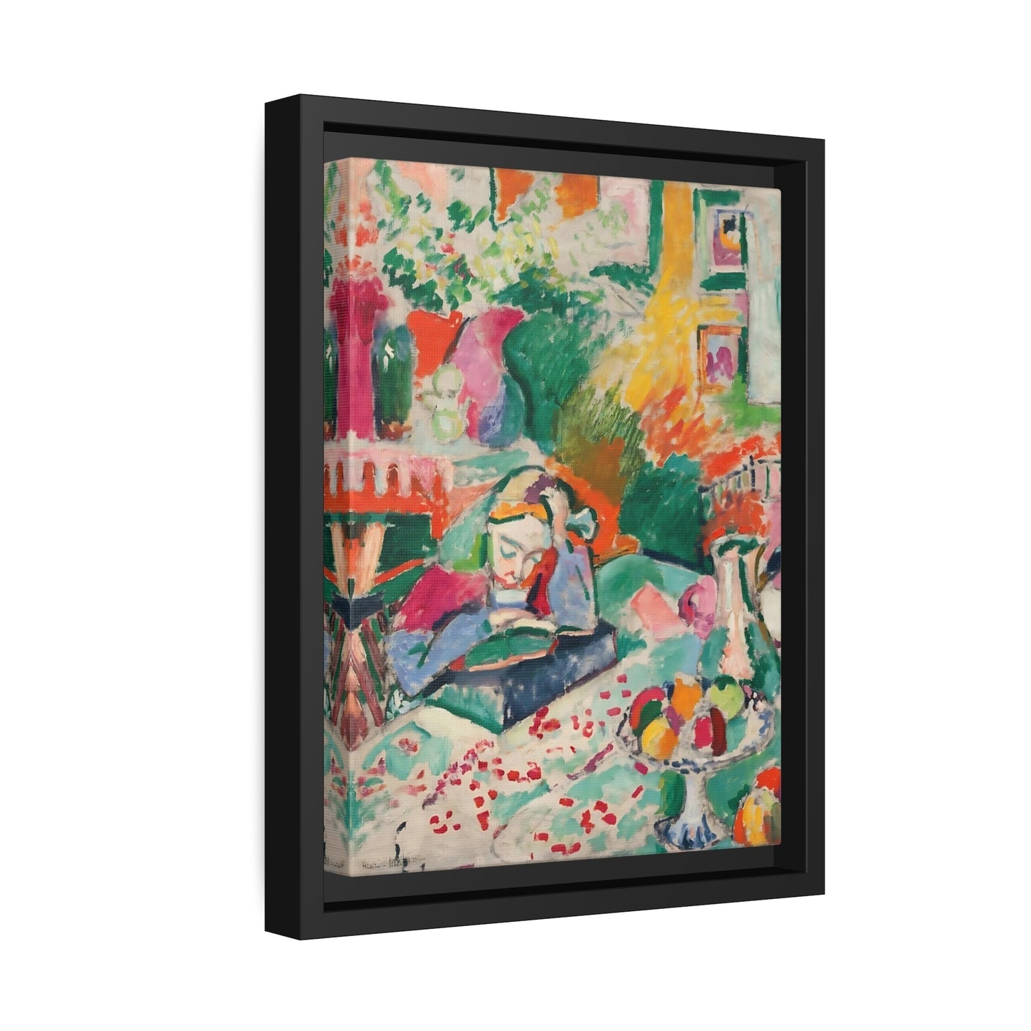 Henri Matisse Interior with a Young Girl - Framed Colorful Canvas Wall Art Print in Black Pinewood Frame