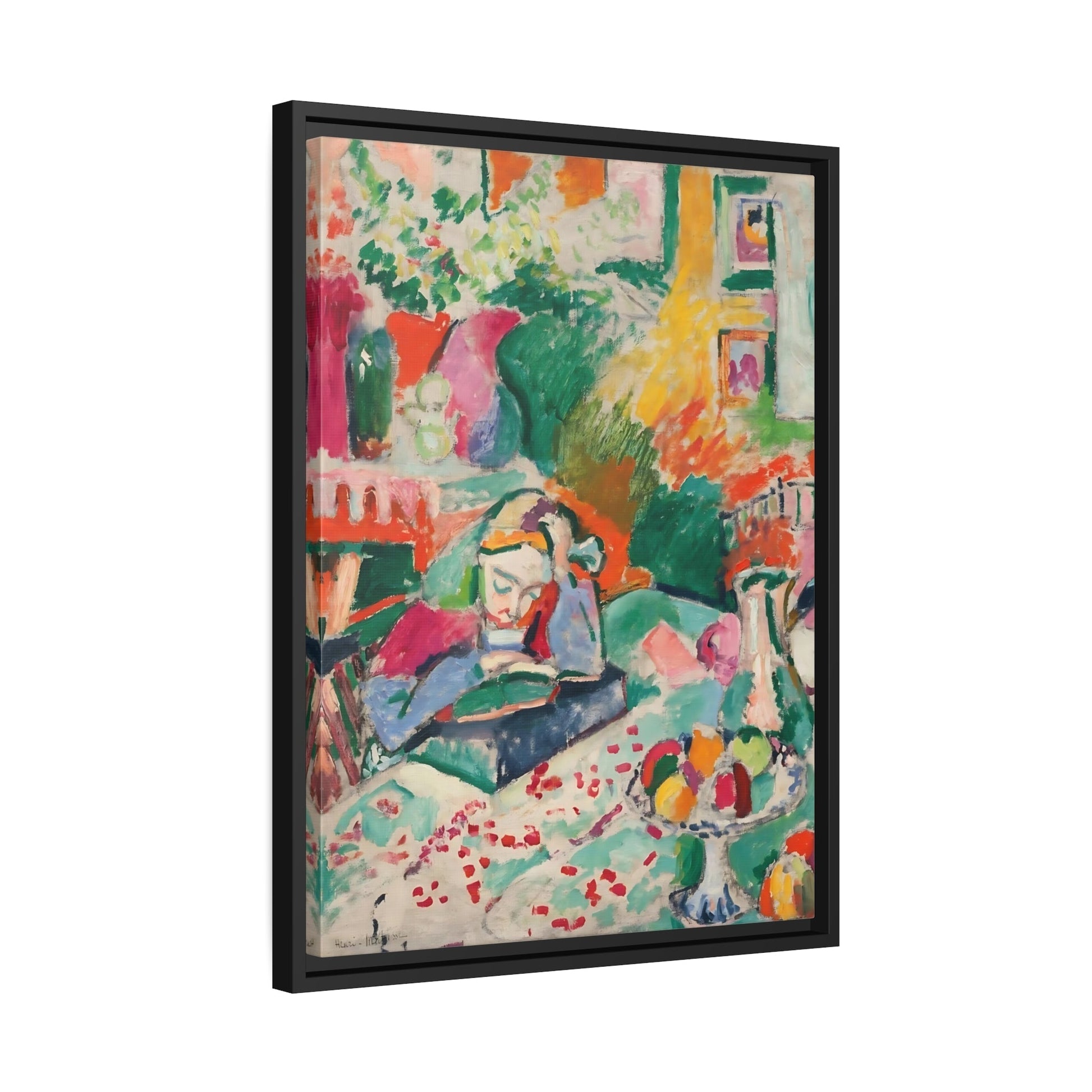 Henri Matisse Interior with a Young Girl - Framed Colorful Canvas Wall Art Print in Black Pinewood Frame