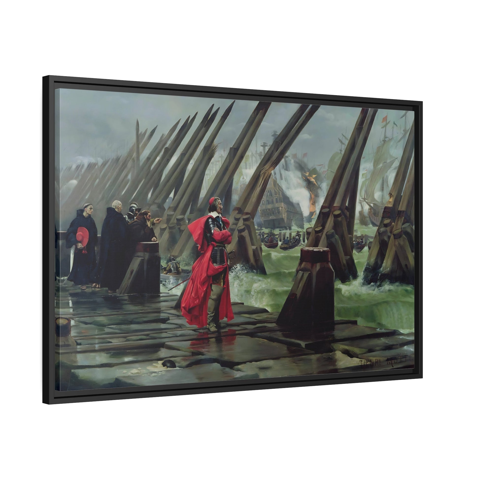 Henri Paul Motte Cardinal Richelieu At The Siege Of La Rochelle - Framed Canvas Wall Art Print in Black Frame