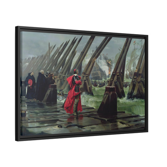 Henri Paul Motte Cardinal Richelieu At The Siege Of La Rochelle - Framed Canvas Wall Art Print in Black Frame