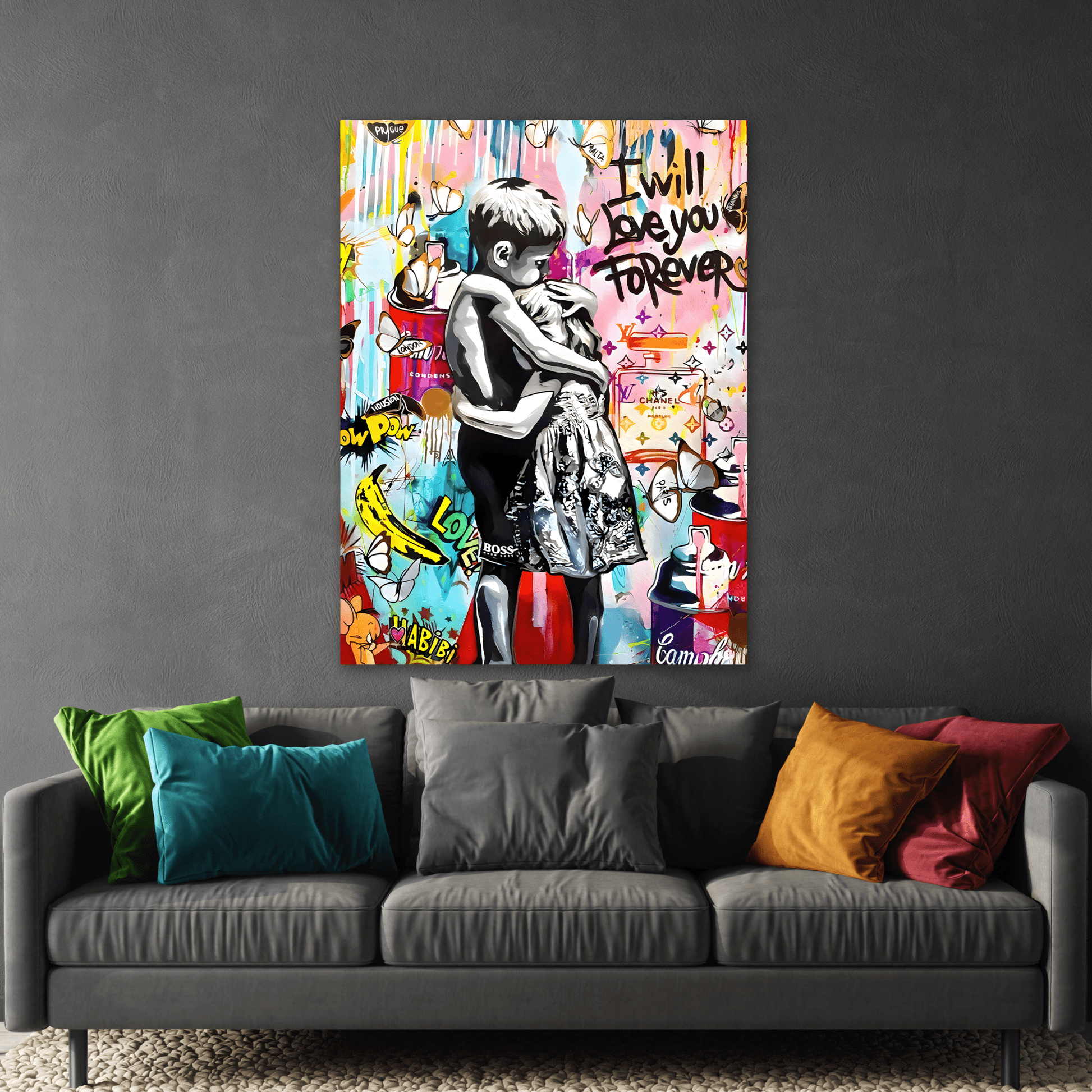 I Will Love You Forever Banksy Canvas Wall Art, Inspired Pop Artwork Street Graffiti