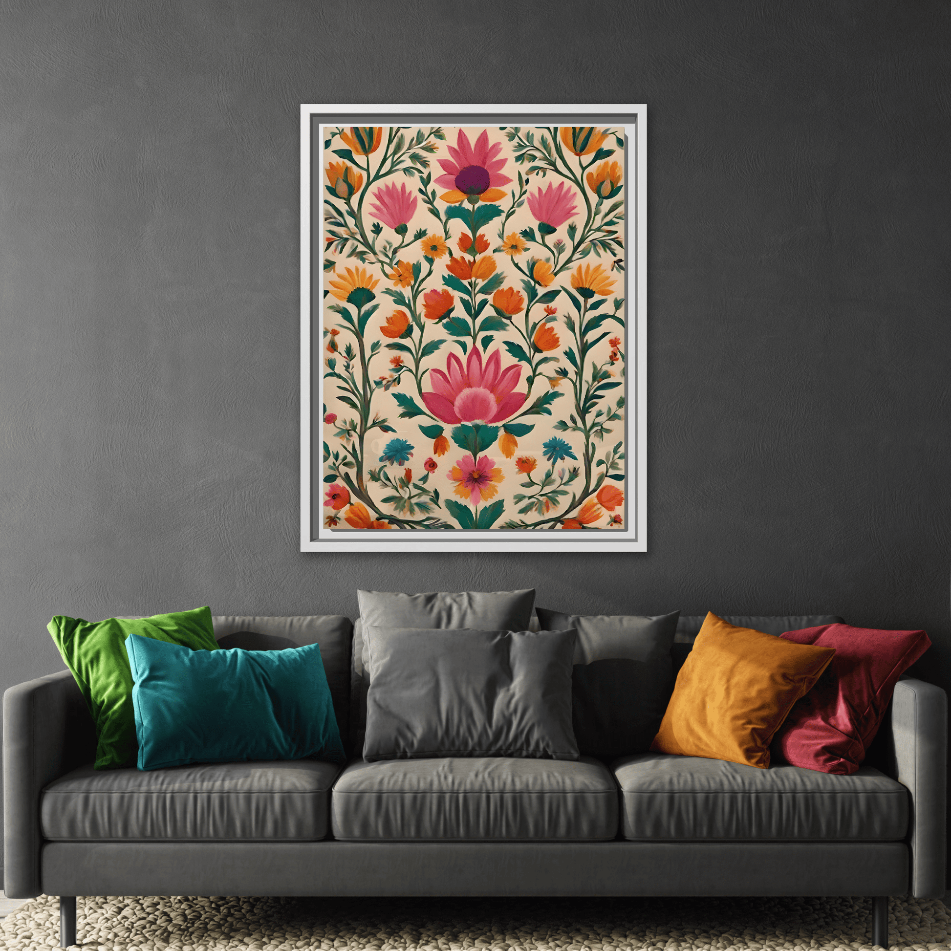 Indian Folk Wall Art Traditional Floral Framed Canvas Print