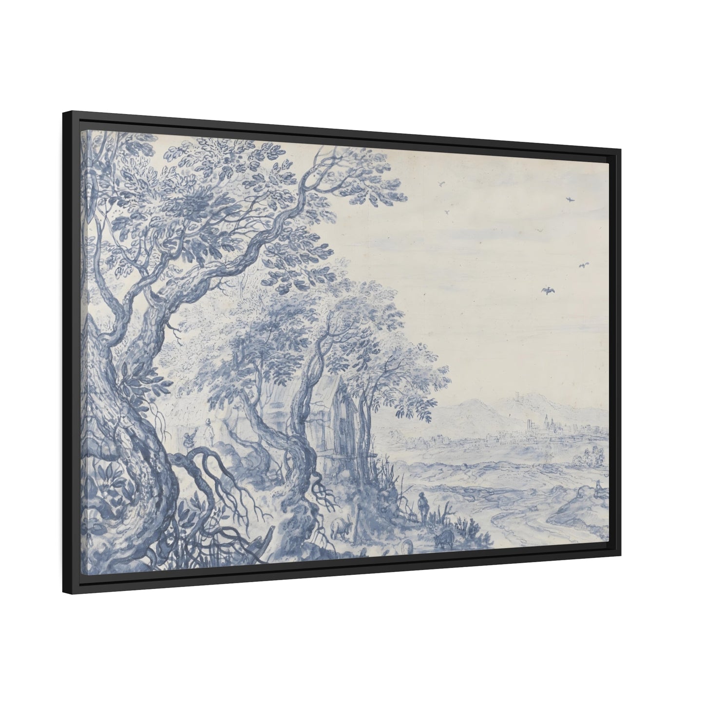 Isaac Major Figures in a Wooded Landscape a Village in the Distance - Framed Wall Art Canvas Print in Black Frame