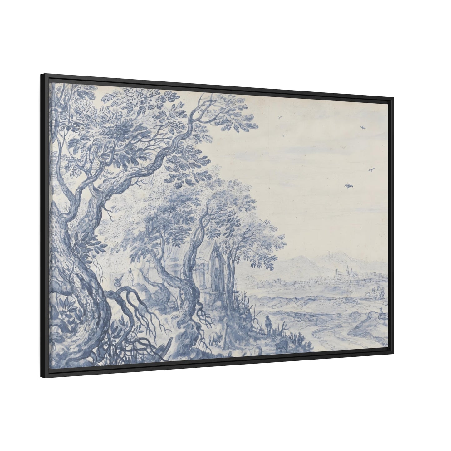 Isaac Major Figures in a Wooded Landscape a Village in the Distance - Framed Wall Art Canvas Print in Black Frame