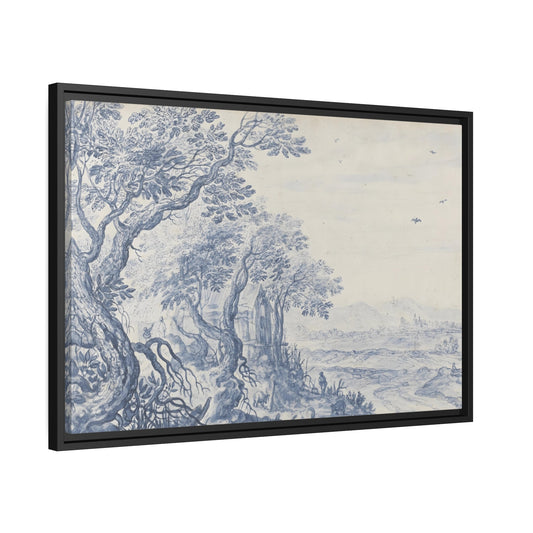 Isaac Major Figures in a Wooded Landscape a Village in the Distance - Framed Wall Art Canvas Print in Black Frame