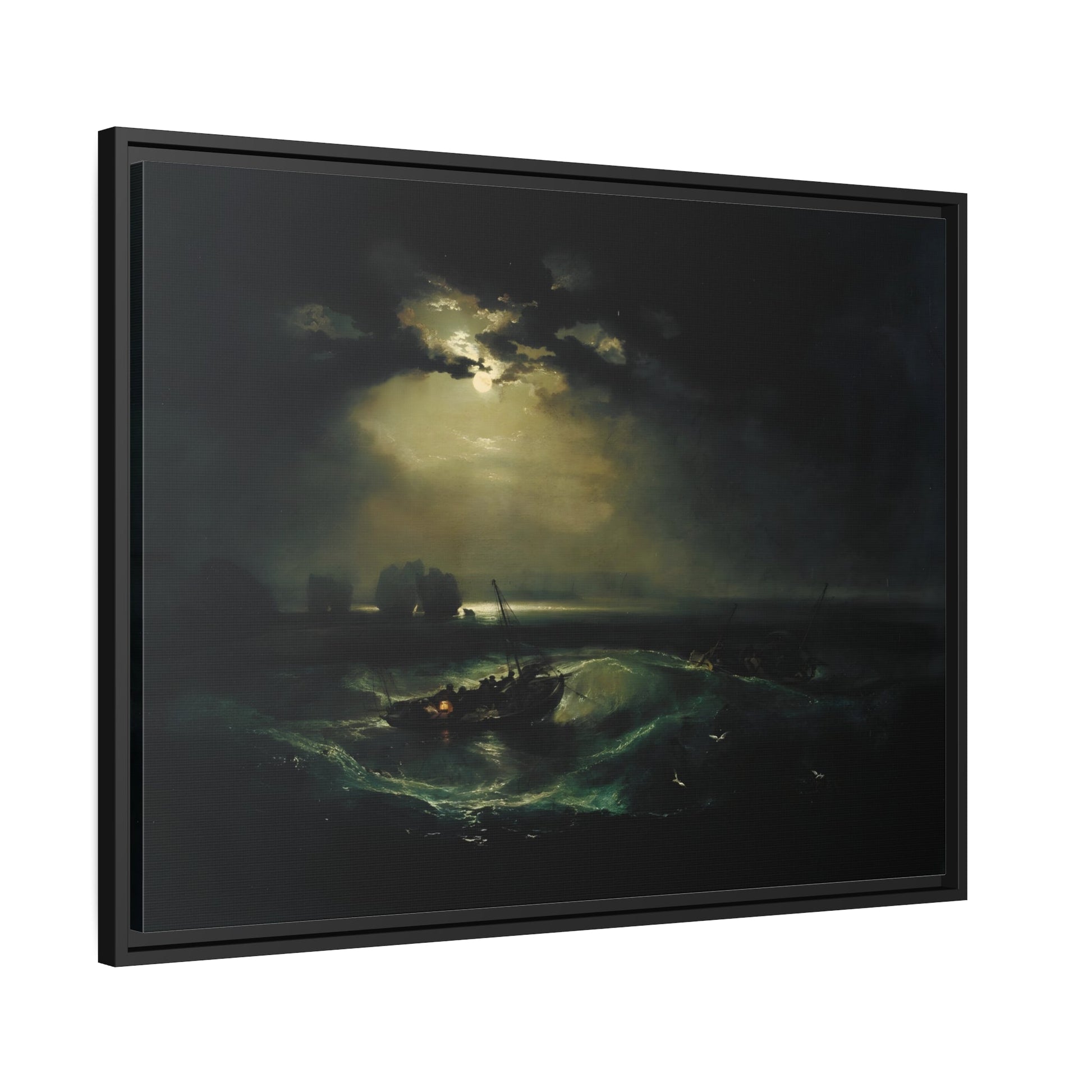 JMW Joseph Mallord William Turner Fishermen at Sea - Framed Canvas Wall Art Print in Black Pinewood Frame