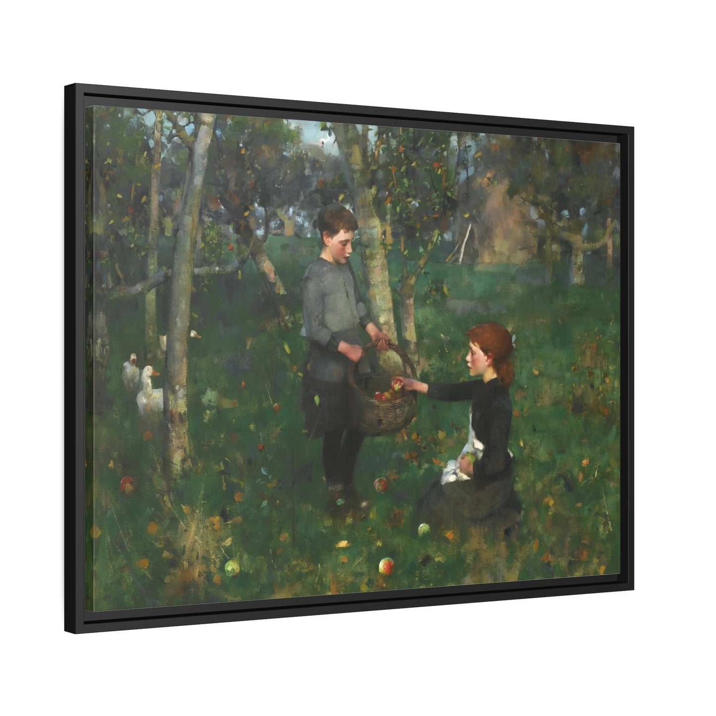 James Guthrie In the Orchard - Framed Canvas Wall Art Print in Black Pinewood Frame