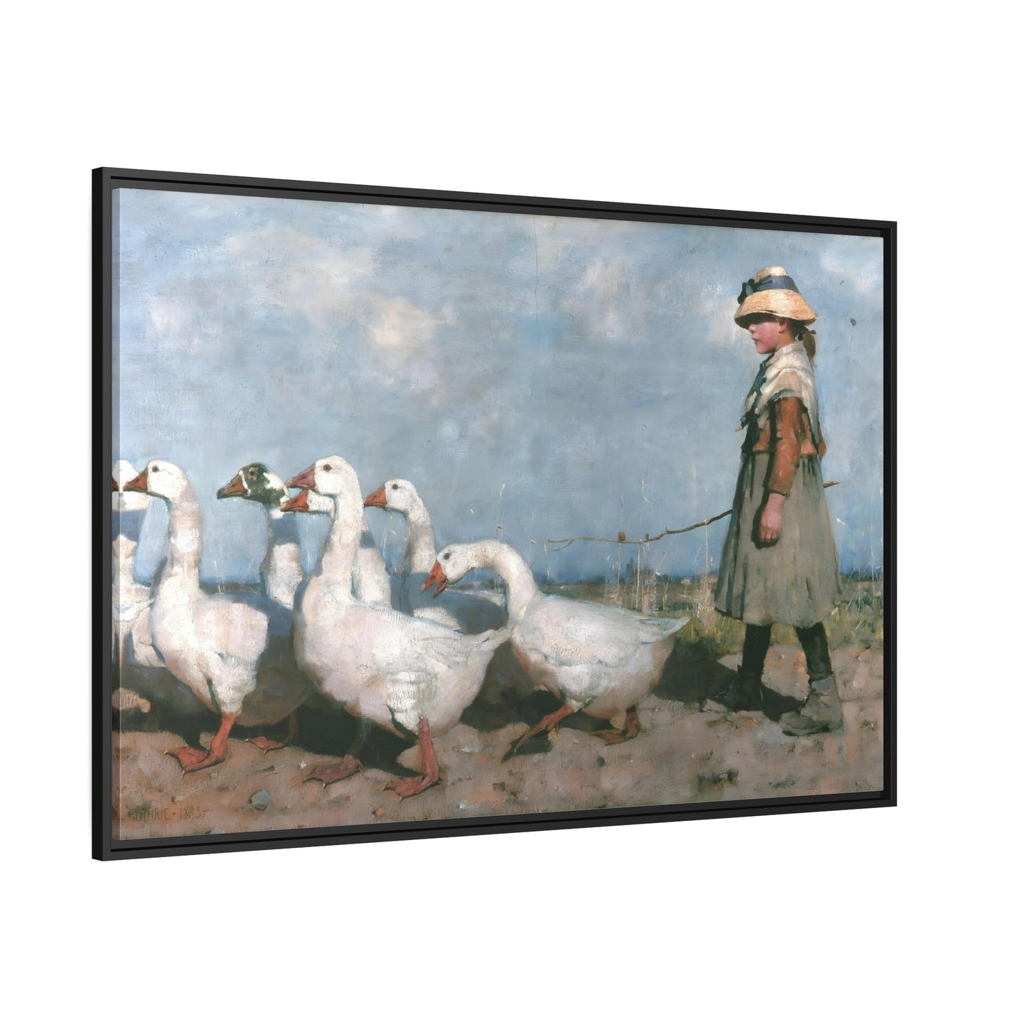 James Guthrie Pastures Girl with Geese - Framed Canvas Wall Art Print in Black Pinewood Frame