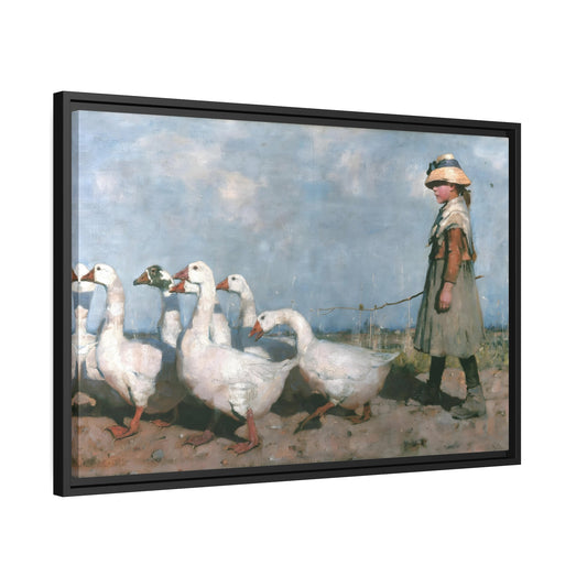 James Guthrie Pastures Girl with Geese - Framed Canvas Wall Art Print in Black Pinewood Frame