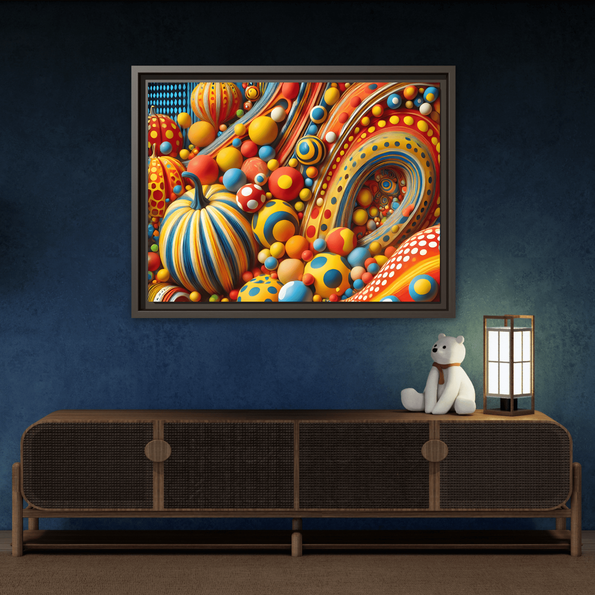Japanese Abstract Pumpkin Dot Canvas Wall Art – Modern Kusama Inspired Colorful Surreal Print
