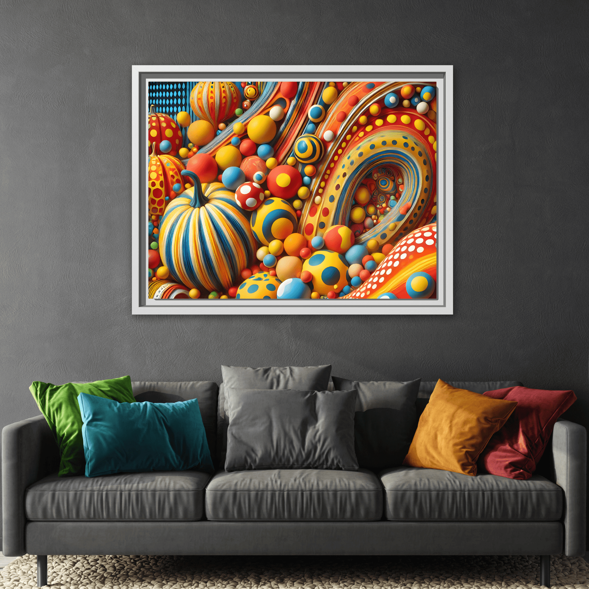 Japanese Abstract Pumpkin Dot Canvas Wall Art – Modern Kusama Inspired Colorful Surreal Print