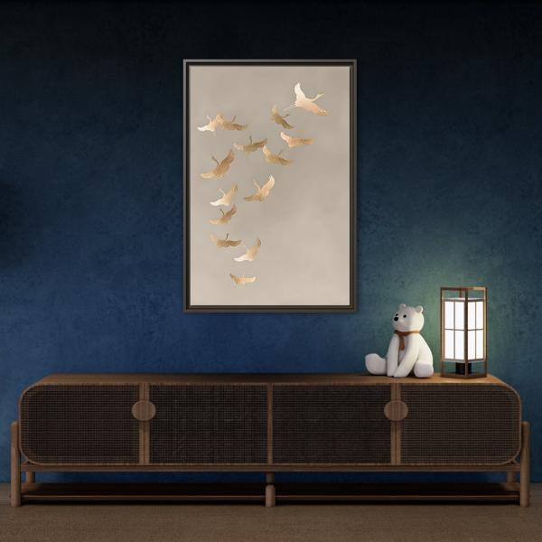 Japanese Asian Cranes Beige Gold Canvas Print - Minimalist Wall Art