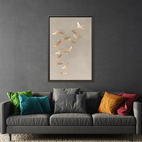 Japanese Asian Cranes Beige Gold Canvas Print - Minimalist Wall Art