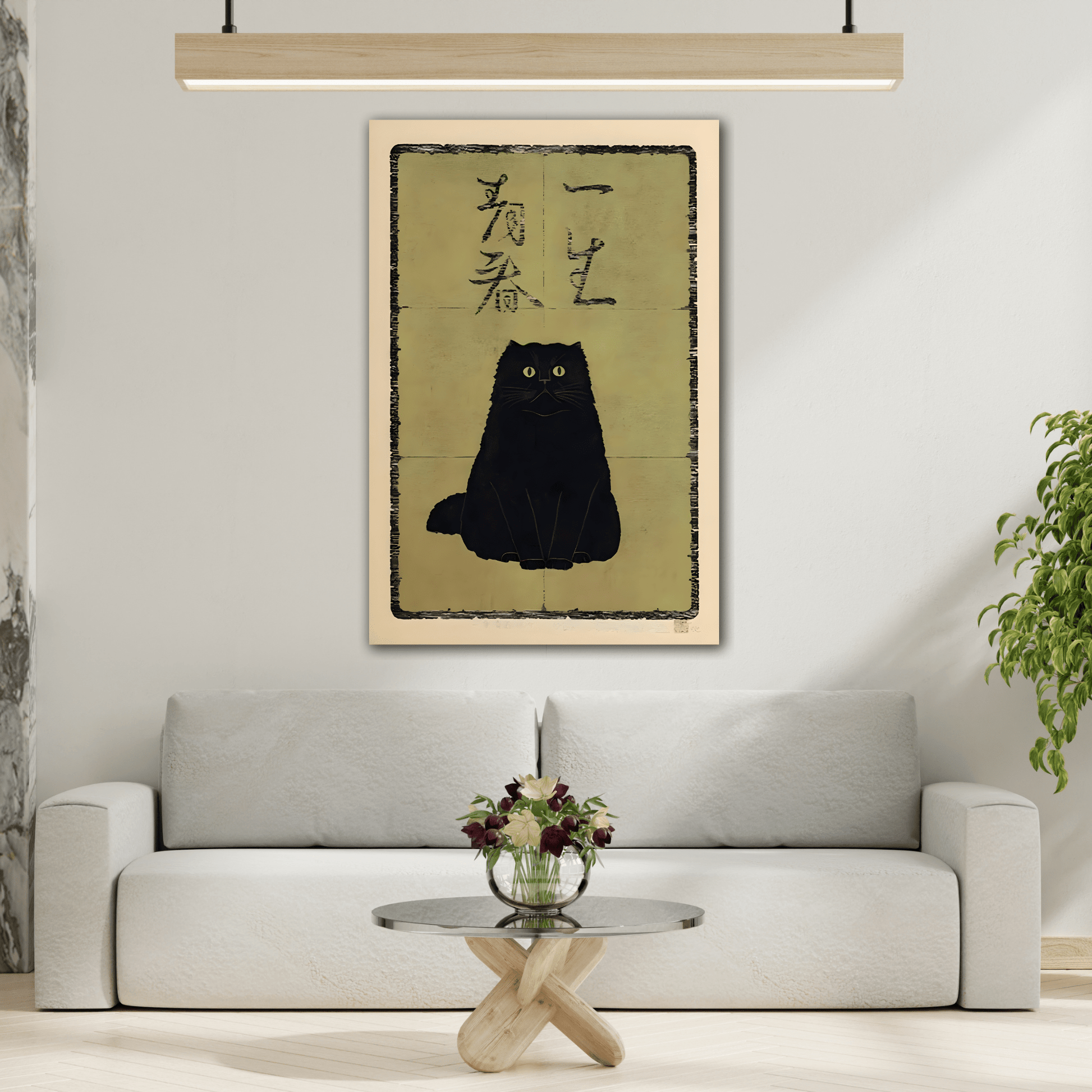 Japanese Black Cat Canvas Wall Art Print, Animal Oriental Artwork