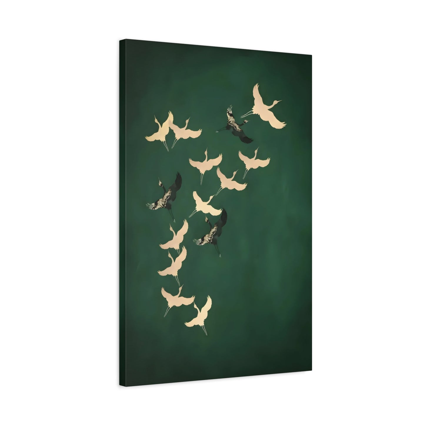 Japanese Wall Art Cranes Birds Canvas Print - Green Gold Emerald Eclectic Home Decor