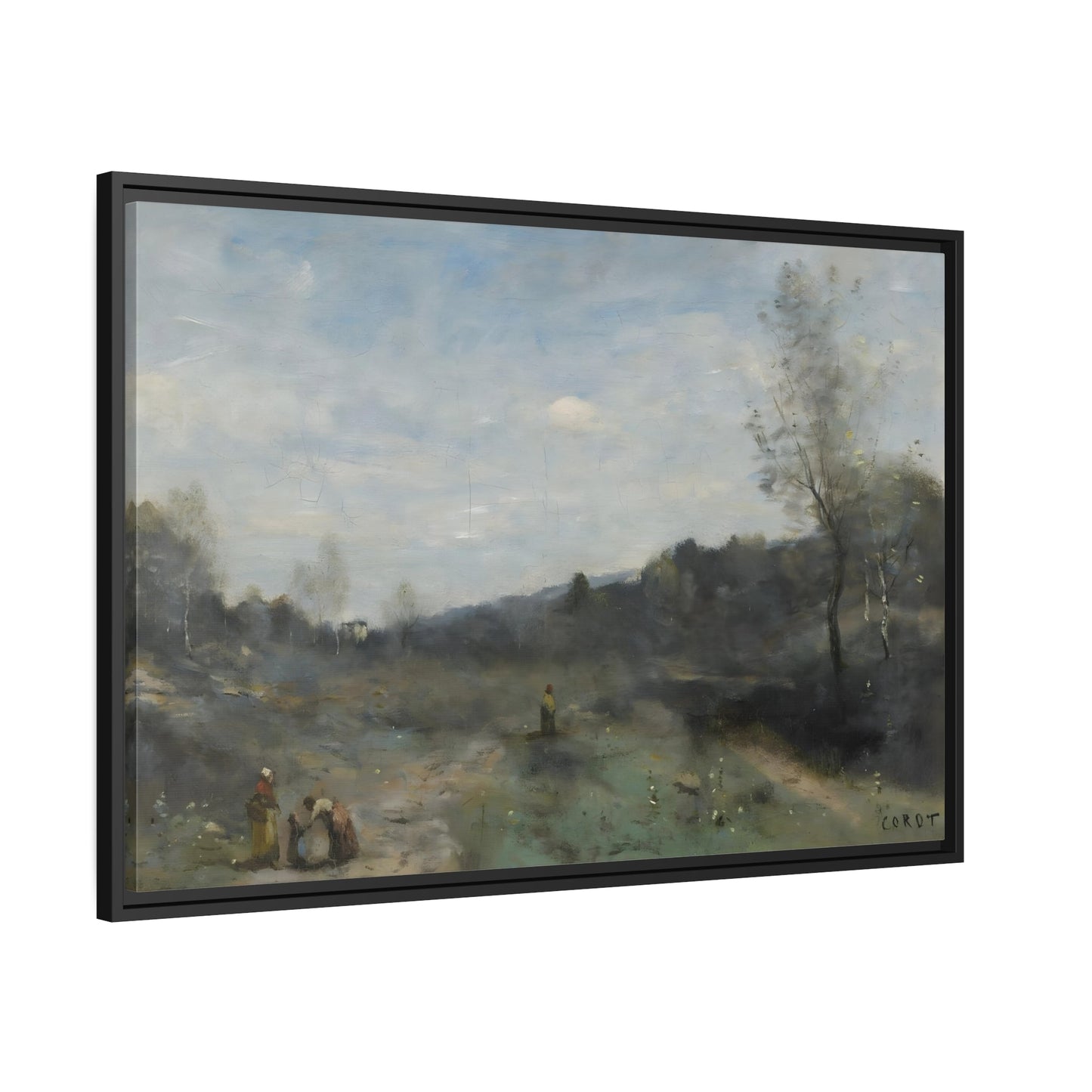 Jean Baptiste Camille Corot Cleared Valley Landscape - Framed Nature Canvas Wall Art Print in Black Frame